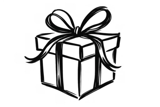Gift box drawing with ribbon and bow, black and white sketch style, celebrating holidays and special occasions, transparent background