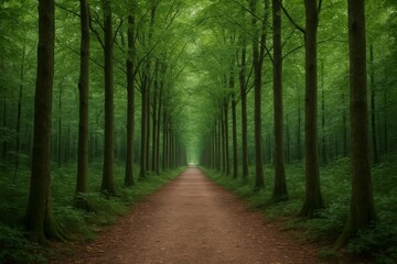 Obraz premium Symmetrical forest landscape with tall green trees lining a dirt path in a serene environment, evoking calmness and depth of nature perspective. Ai generative
