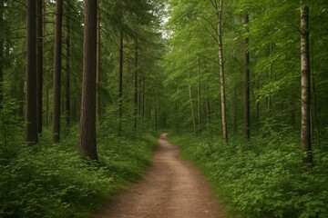 Obraz premium Serene forest path winding through lush green woods under a dense tree canopy in daylight, peaceful nature landscape concept, Ai generative. Ai generative