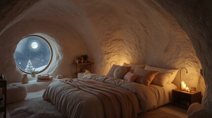 Cozy cave bedroom in snowy hillside with warm light and soft bedding