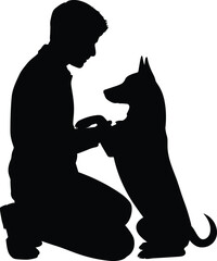 Man training dog silhouette vector illustration, pet obedience concept, human animal friendship, black and white CAD drawing flat vector illustration