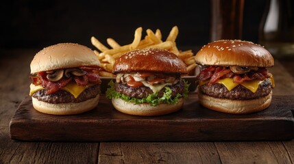 Three mini burgers with fries