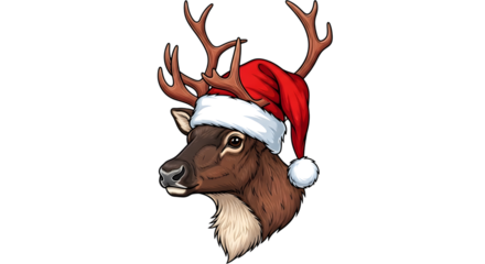 A festive reindeer wearing a santa hat, isolated on transparent background
