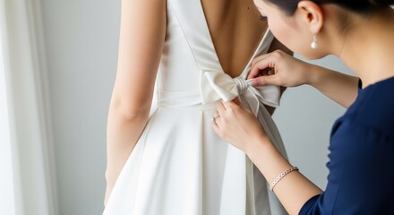 Bridal dress fitting. A woman adjusts a satin wedding gown's back bow