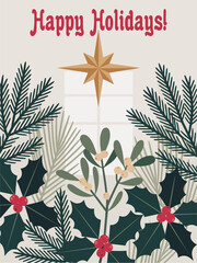 Minimalist holiday greeting card with “Happy Holidays!” text, golden star, pine branches, palm fronds, mistletoe, and holly berries on a warm beige background in a modern festive style.
