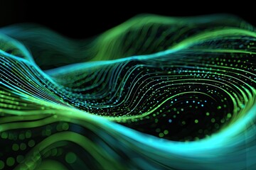 Abstract wavy lines and dots in shades of green and blue on black background