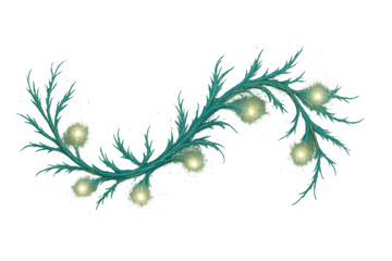 Fototapeta premium Teal decorative garland with glowing lights, creating a winter holiday and christmas festive border