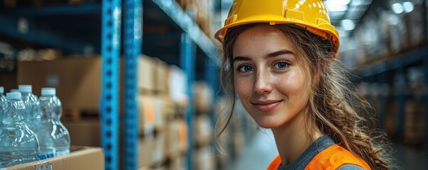 Smiling female warehouse worker with safety gear in an industrial storage facility
