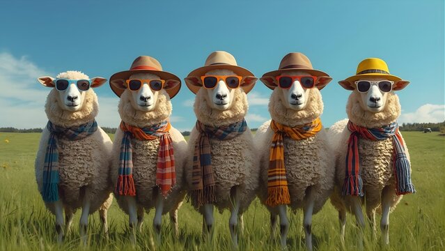 Funny fashion sheep posing like a cool band in a sunny green meadow, trendy hats and sunglasses, vibrant colors, ultra-realistic details, playful mood, perfect for humor and lifestyle designs.
