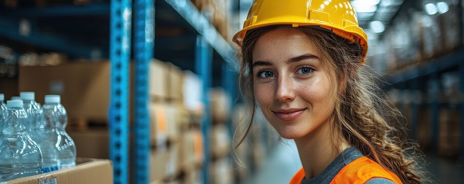 Smiling female warehouse worker with safety gear in an industrial storage facility