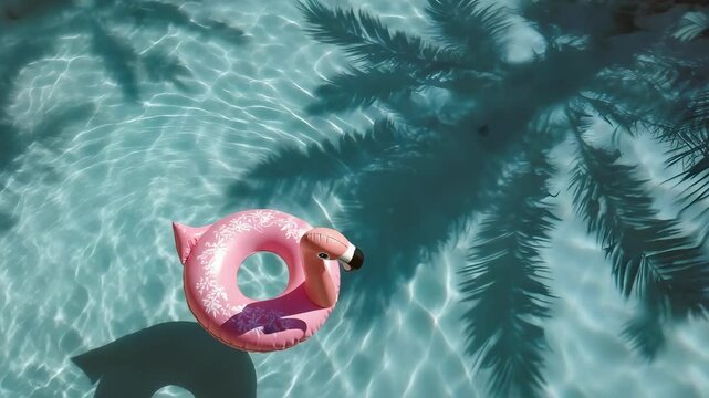An inflatable pink flamingo pool float in a sunlit blue pool with palm tree shadows.