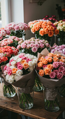 A collection of multiple colorful flower bouquets arranged neatly on a wooden table in a flower shop