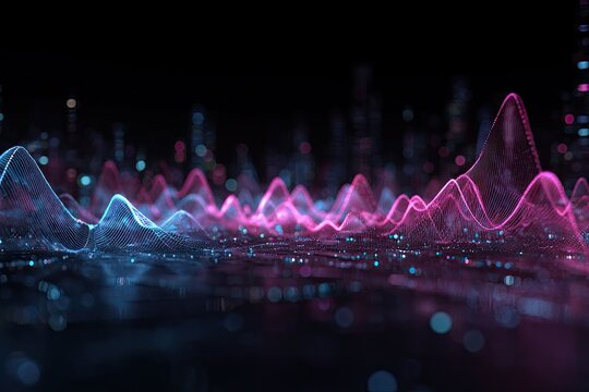Abstract visualization of a dynamic data stream rendered with vibrant neon colors