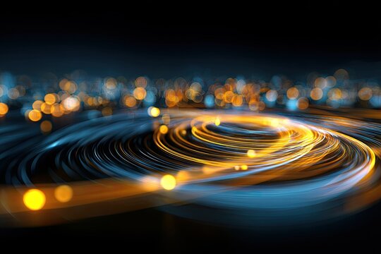 Abstract image of swirling light trails and bokeh lights on a dark background