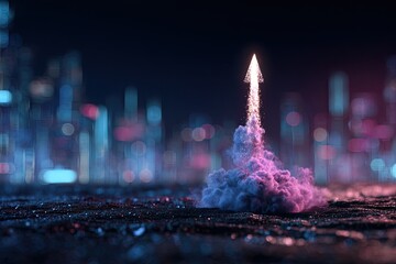 A glowing arrow shoots upward from ground level, amidst a futuristic cityscape backdrop
