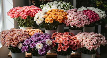 A collection of multiple colorful flower bouquets arranged neatly on a wooden table in a flower shop