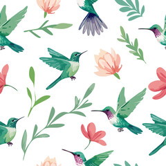 Seamless pattern of colorful hummingbirds and blooming flowers in soft tones. Ideal for nature-themed designs, textile prints, wallpapers, stationery, packaging, or spring-inspired visuals.