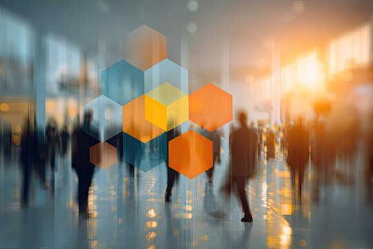 Blurry image of people walking in a modern structure with a superimposed geometric design