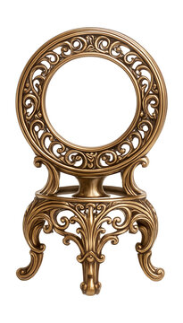 Ornate metal egg stand for displaying handcrafted eggs on a shelf.