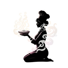 Silhouette of a female chef kneeling and presenting a freshly baked pie with steam rising artistically