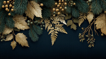 Christmas background with  fir branches and gold berries
