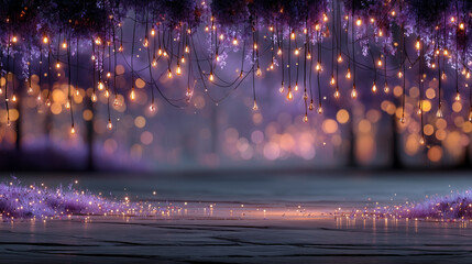 A dreamy, twilight scene with warm hanging bulbs and delicate purple foliage