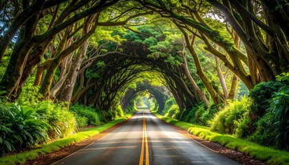 Road Through Lush Green Tree Tunnel in Kauai, Hawaii.