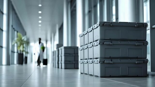 Long bright corridor with large gray plastic storage crates stacked in rows along the floor.