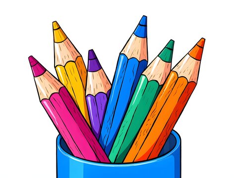 Vibrant assortment of sharpened colored pencils in a blue holder