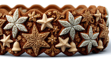 3D seamless Christmas cookie border of gingerbread stars and bells forming a curved ribbon-like pattern, soft shadows and realistic texture for premium festive design, isolated on white background