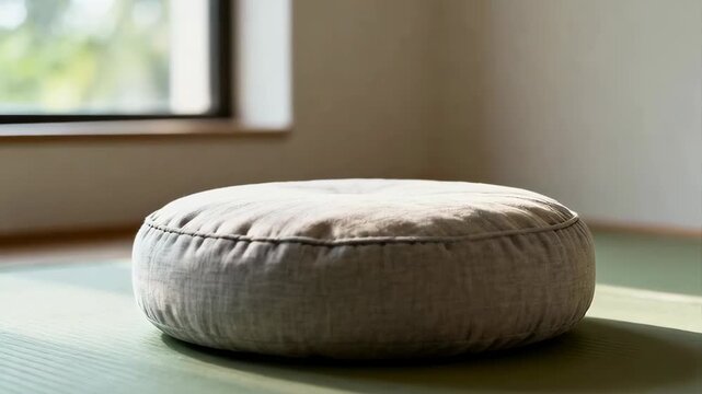 Zen Meditation Zafu Cushion on Green Yoga Mat in Bright Room with Natural Sunlight Through Window