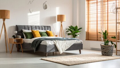 Luxury apartment interior design featuring a modern living room with comfortable sofa furniture, lamp, window, and contemporary decor