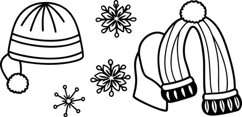 A collection of winter accessories is depicted in a black and white line art style. The items are arranged against a blank background. The composition includes a scarf draped elegantly with tasseled e