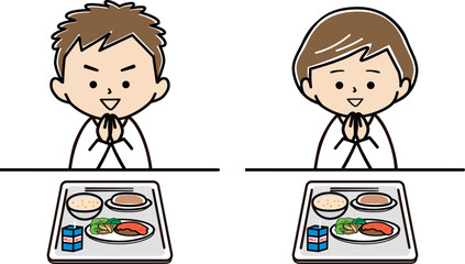 給食を前にいただきますをする男の子と女の子