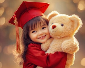 Young girl in graduation attire with teddy bear