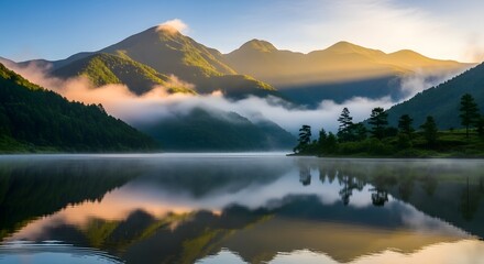 Idyllic Lake Landscape with Foggy Mountain Reflected in Still Water at Dawn in Japanese Alps Nagano Prefecture