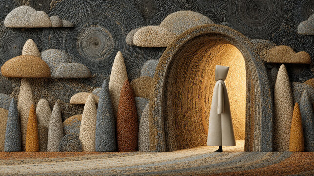 Hooded wanderer in surreal pebble landscape at night