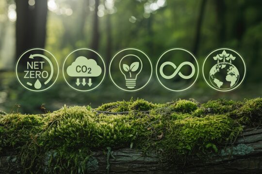 Promote green initiatives with nature background and net zero CO2 emissions symbols for sustainability