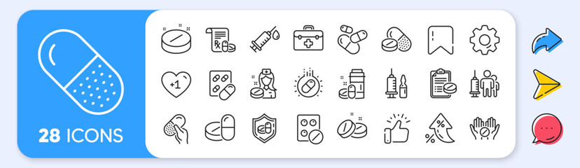 Medical drugs line icons. Interest rate, AI generate, Inflation icons. Healthcare, Prescription and Pill signs. Pharmacy drugs, medical nurse, recipe pill icons. Vector