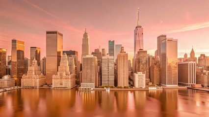 Obraz premium Cityscape at dawn with skyscrapers and buildings bathed in soft golden light