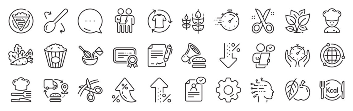 Chef hat, Customer survey, Fast delivery line icons. Settings gear, Message, Inflation icons. Approved application, Scissors cutting ribbon, Artificial intelligence icons. Vector