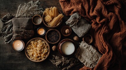 Delicious pasta ingredients spread cozy kitchen food arrangement rustic setting aerial view culinary art