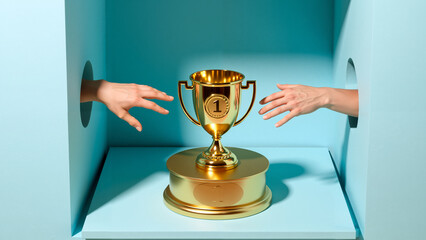 Grasping Glory:Two Hands Reaching for Number One Trophy on Podium