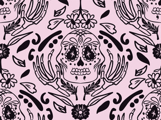 Seamless black sugar skull and floral illustration on pink background, inspired by Mexican Day of the Dead and folk art design.