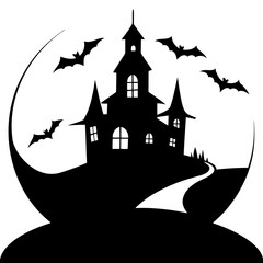 Haunted House Hill Bats Moon Silhouette Vector