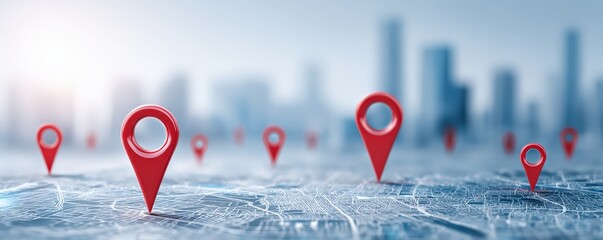 A network of red location pins on a digital map, symbolizing navigation and connectivity in an urban environment.