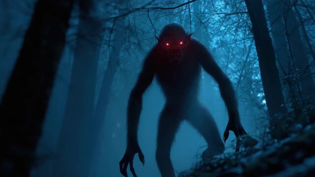 A werewolf with glowing red eyes looms in a misty, dark forest, ready to attack