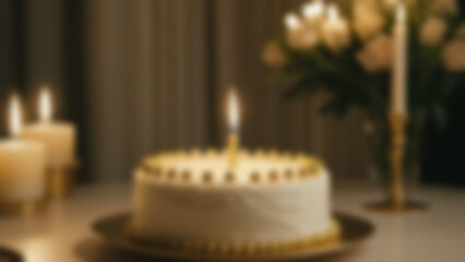 Background blurred Elegant white birthday cake with gold accents, minimalistic table setup, evening, ambient candlelight, 85mm lens, slow zoom in, Cinestill 800T, guest lighting candle, close-up angle