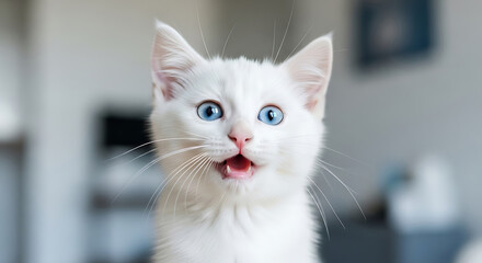 Adorable white kitten with striking blue eyes looks surprised and curious