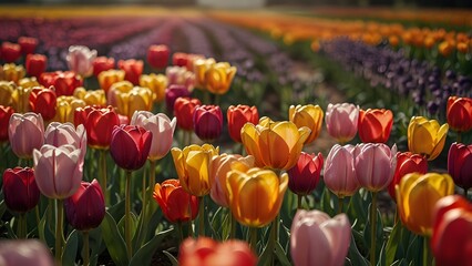 Obraz premium Vast rows of brightly colored tulip flowers in shades of red, yellow, and pink stretching into the distance under warm spring sunlight. Nature concept